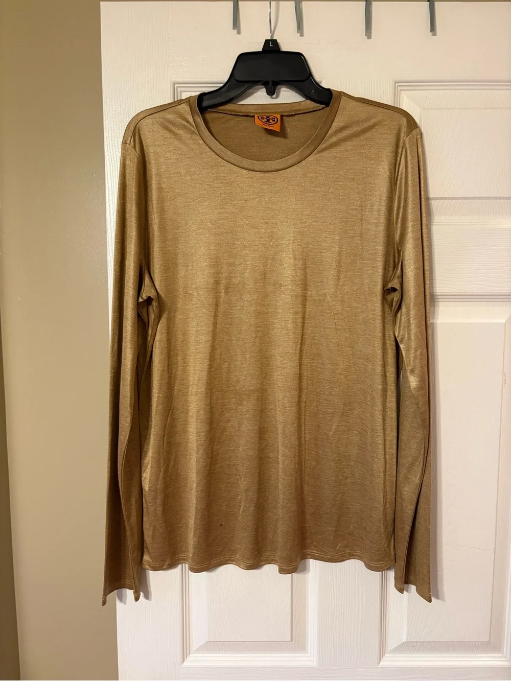 Tory Burch Gold Metallic Top Long Sleeve Crew Neck Shimmer Stretch Designer